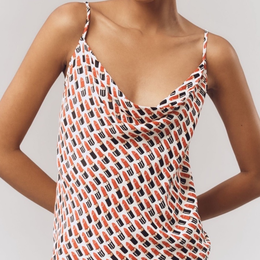 Anthropologie Silky Cowl-Neck Tank - Lipstick Print | SMALL NWT